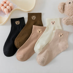 5 Pairs Women's Bear Pattern Earth Tone Tube Socks