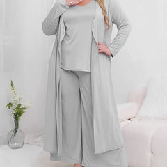 3 Piece Solid Long Sleeve Cardigan & V Neck Top & Wide Leg Pants Set