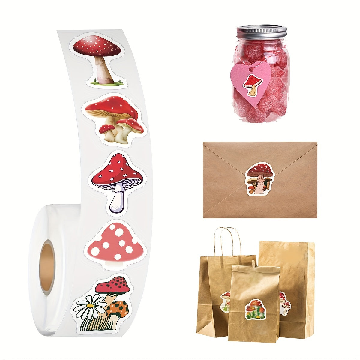 500pcs Mushroom Stickers Roll Vinyl Stickers for Water Bottles Laptop Skateboard