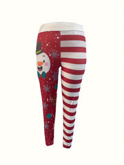 Colorblock Stripe & Snowman & Reindeer Print Leggings