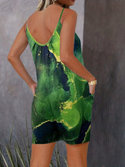 Marble Print Spaghetti Strap Romper Casual V Neck Sleeveless Romper