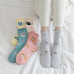 5 Pairs Cute Cat Print Fuzzy Socks for Women