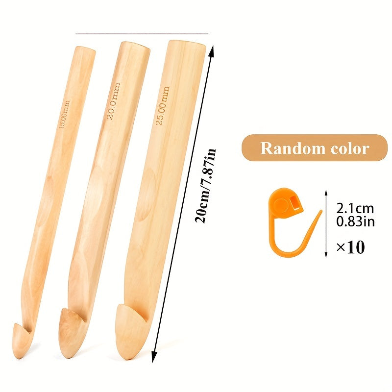 13pcs Wooden Handle Crochet Hooks Set 25 20 15mm Bamboo Knitting Needles