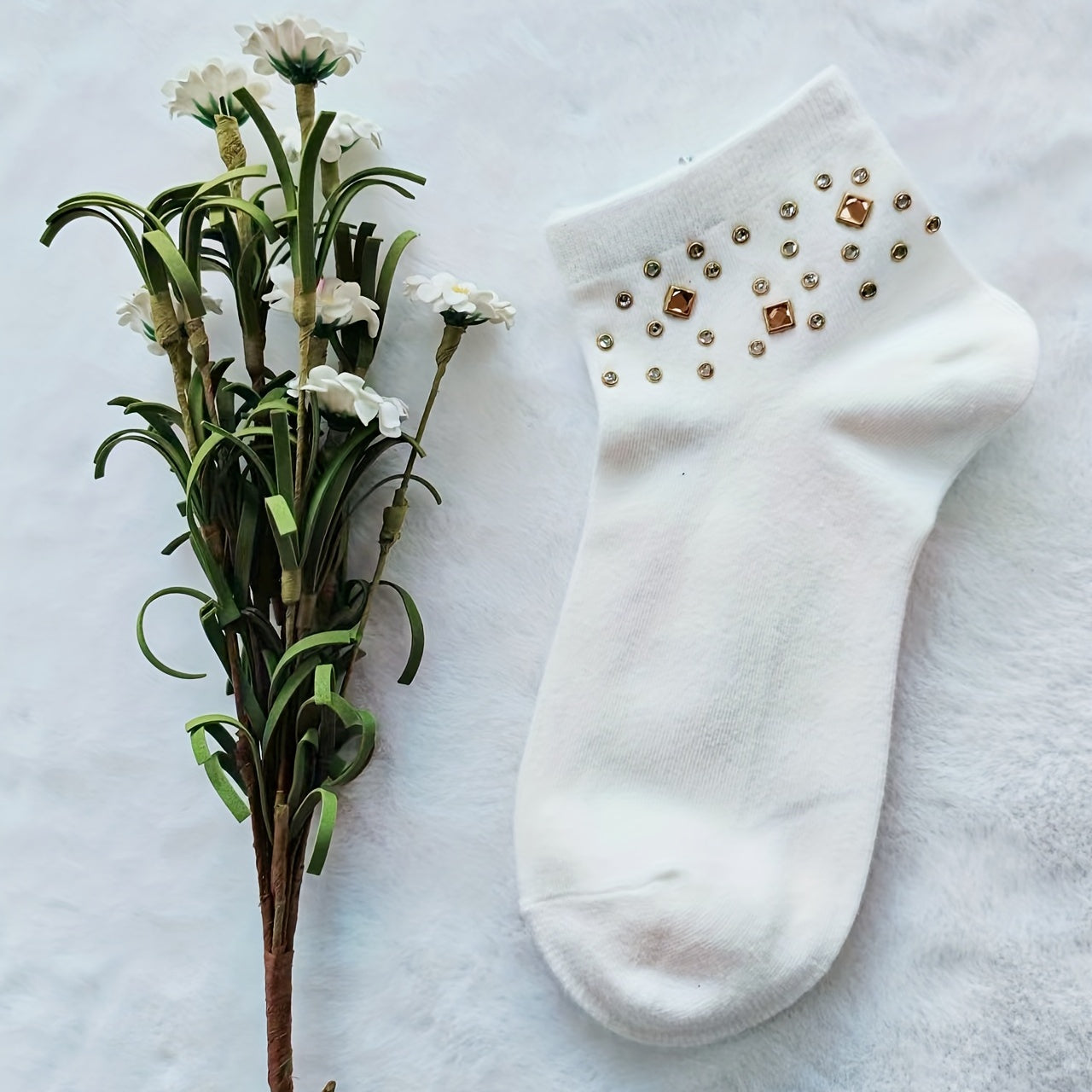 Sparkling Rhinestone Decor Crew Socks for Women