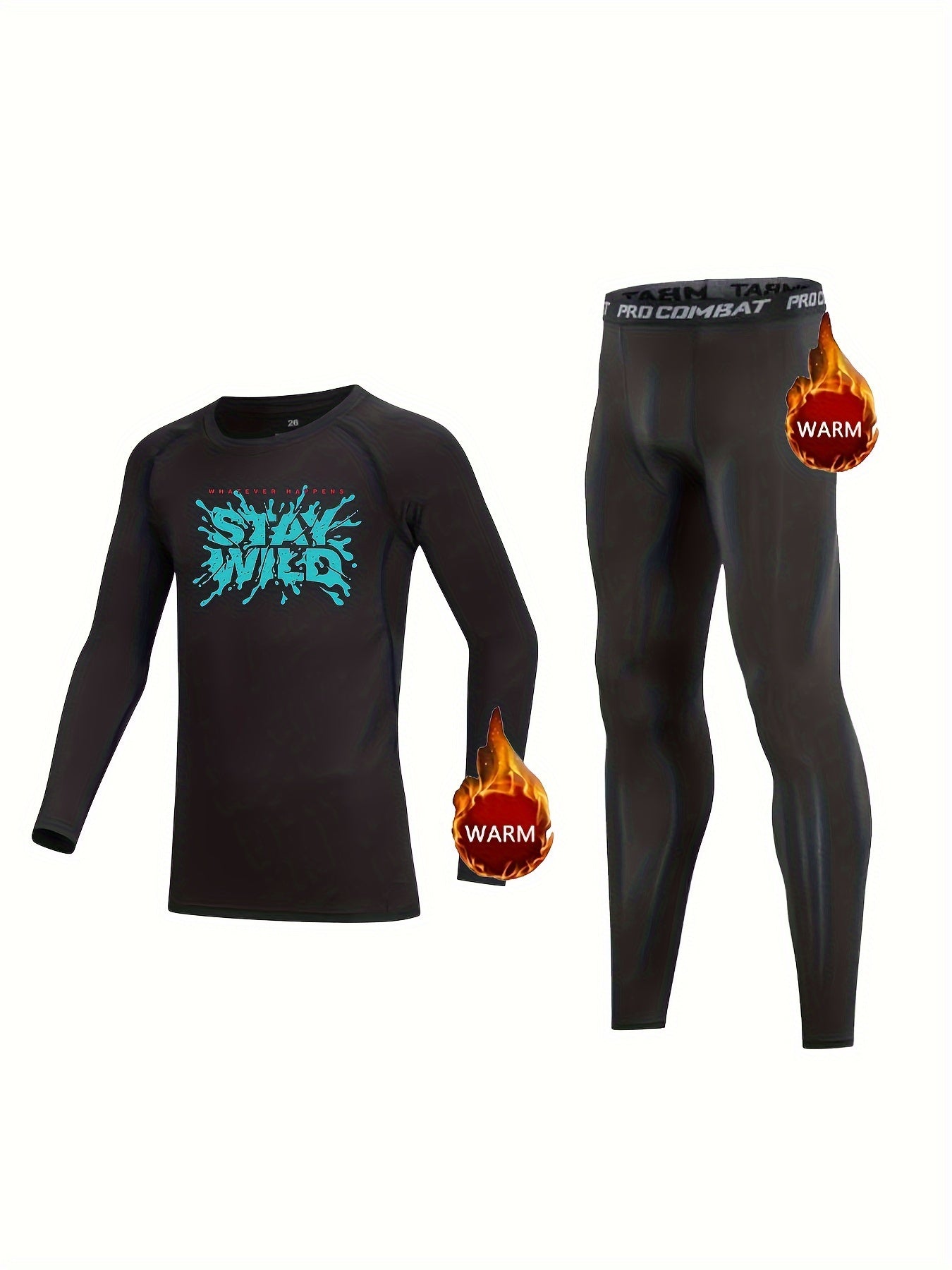 2pcs Kids Warm Compression Base Set STAY WILD Print Tops & Leggings
