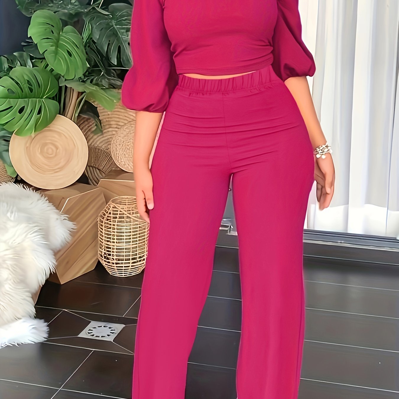 Solid Two piece Set Lantern Sleeve Crop Blouse & Wide Leg Pants Outfits