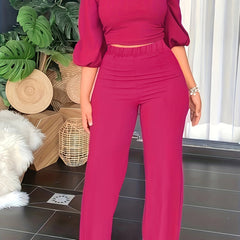 Solid Two piece Set Lantern Sleeve Crop Blouse & Wide Leg Pants Outfits