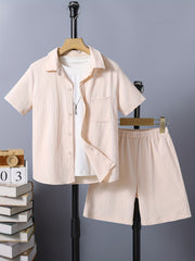 Boys 2pcs Button Down Shirt & Shorts Set Solid Textured Top Casual Kids Clothes