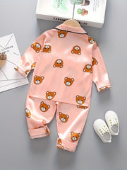 Boys 2pc Bear Print Pajamas Set Long Sleeve Top & Pants Kids Lounge Wear
