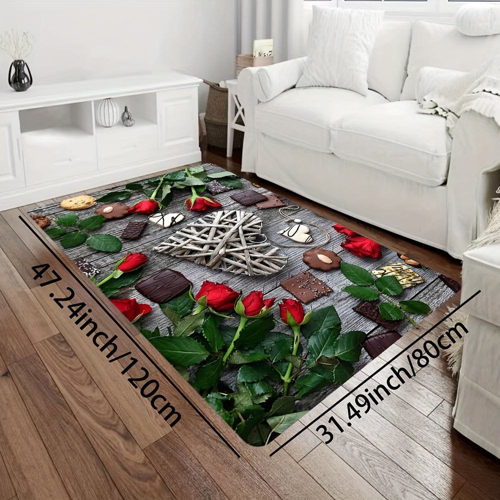 Heart Pattern Rug Red Rose Print Mat Washable Rectangular Carpet