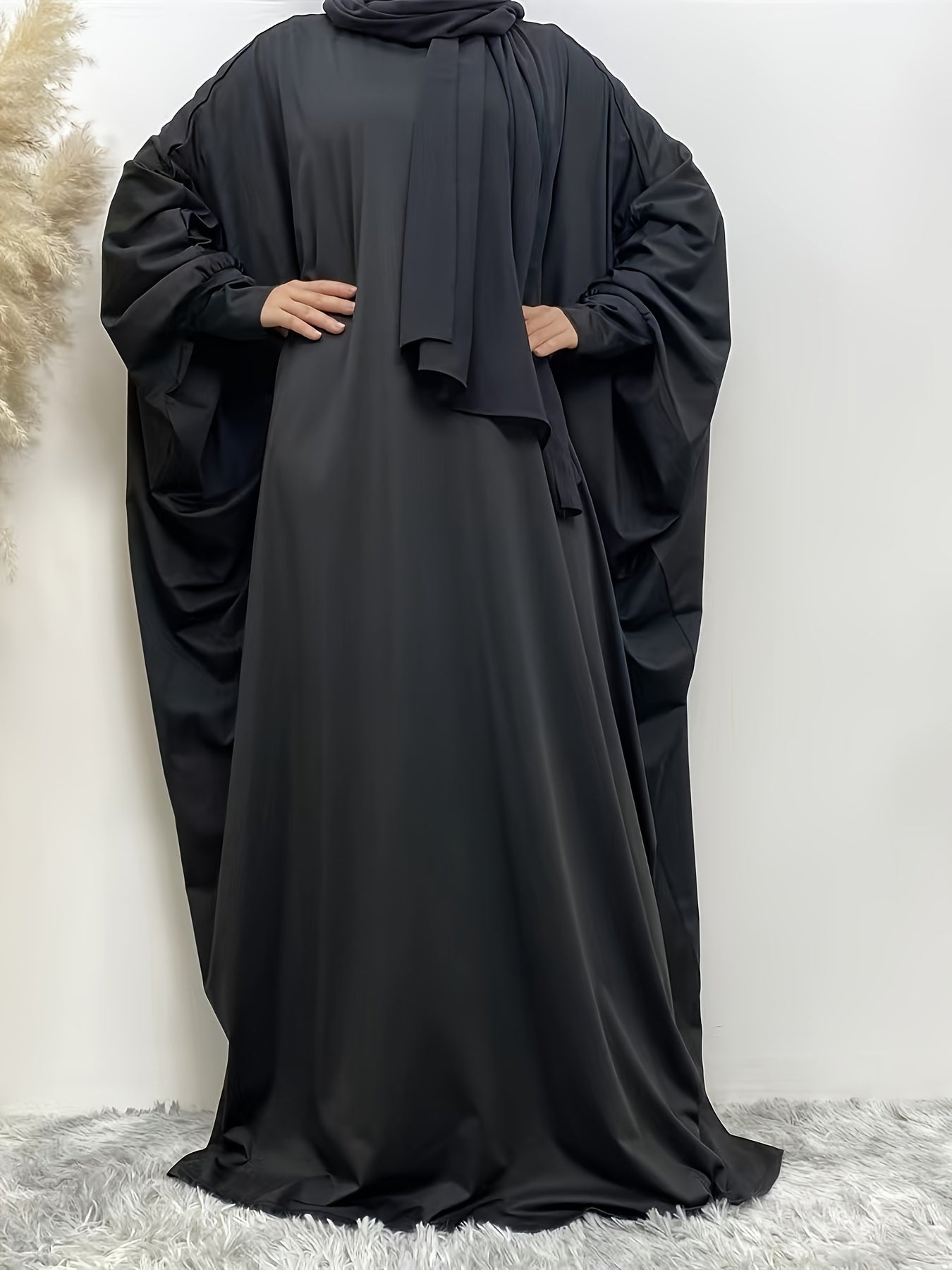 Casual Abaya Dress Women Solid Batwing Sleeve Loose Maxi Dress