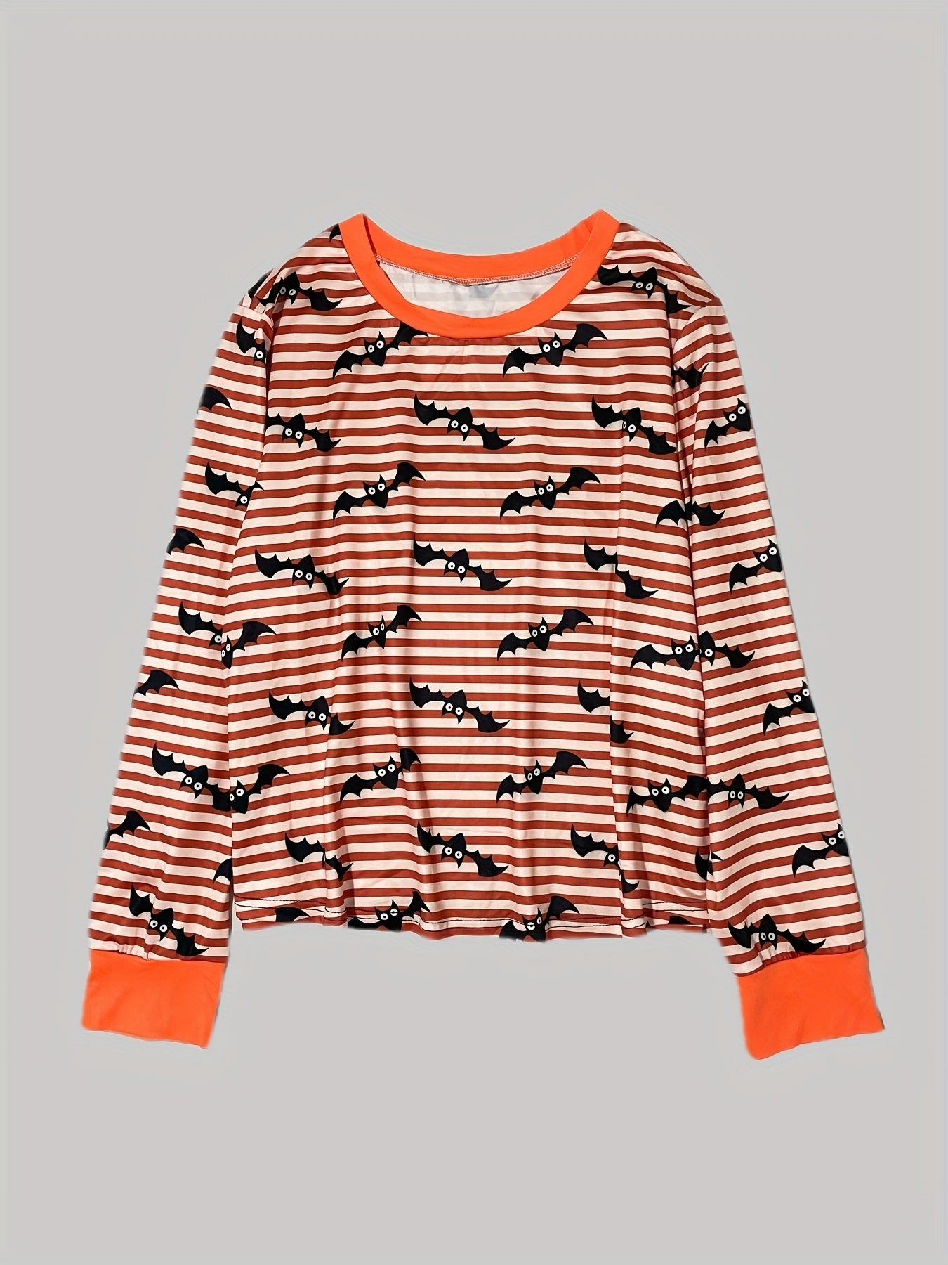 Stripe & Bat Print Pajama Set Long Sleeve Top & Pants
