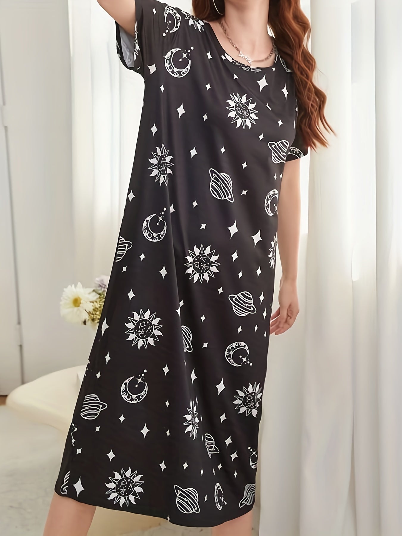 Starry Print NightDress Short Sleeve Crew Neck Pajama Dress
