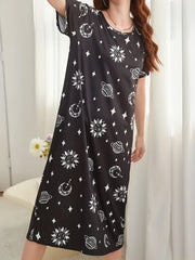 Starry Print NightDress Short Sleeve Crew Neck Pajama Dress