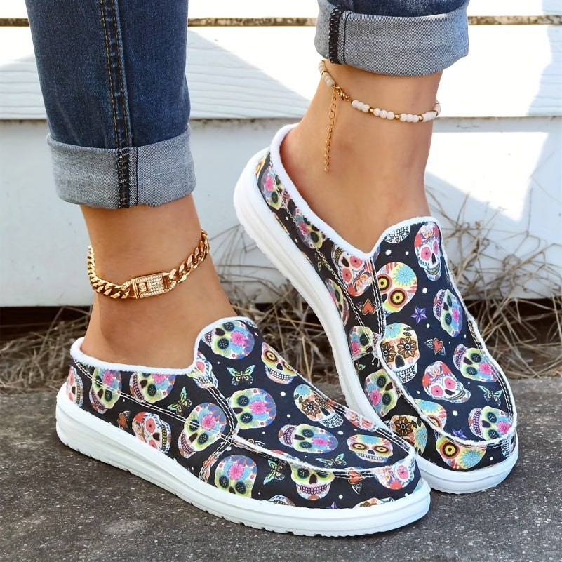 Skull Pattern Canvas Slip-On Shoes for Women Lightweight Halloween Shoes