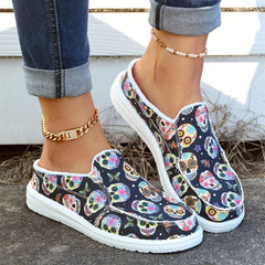 Skull Pattern Canvas Slip-On Shoes for Women Lightweight Halloween Shoes