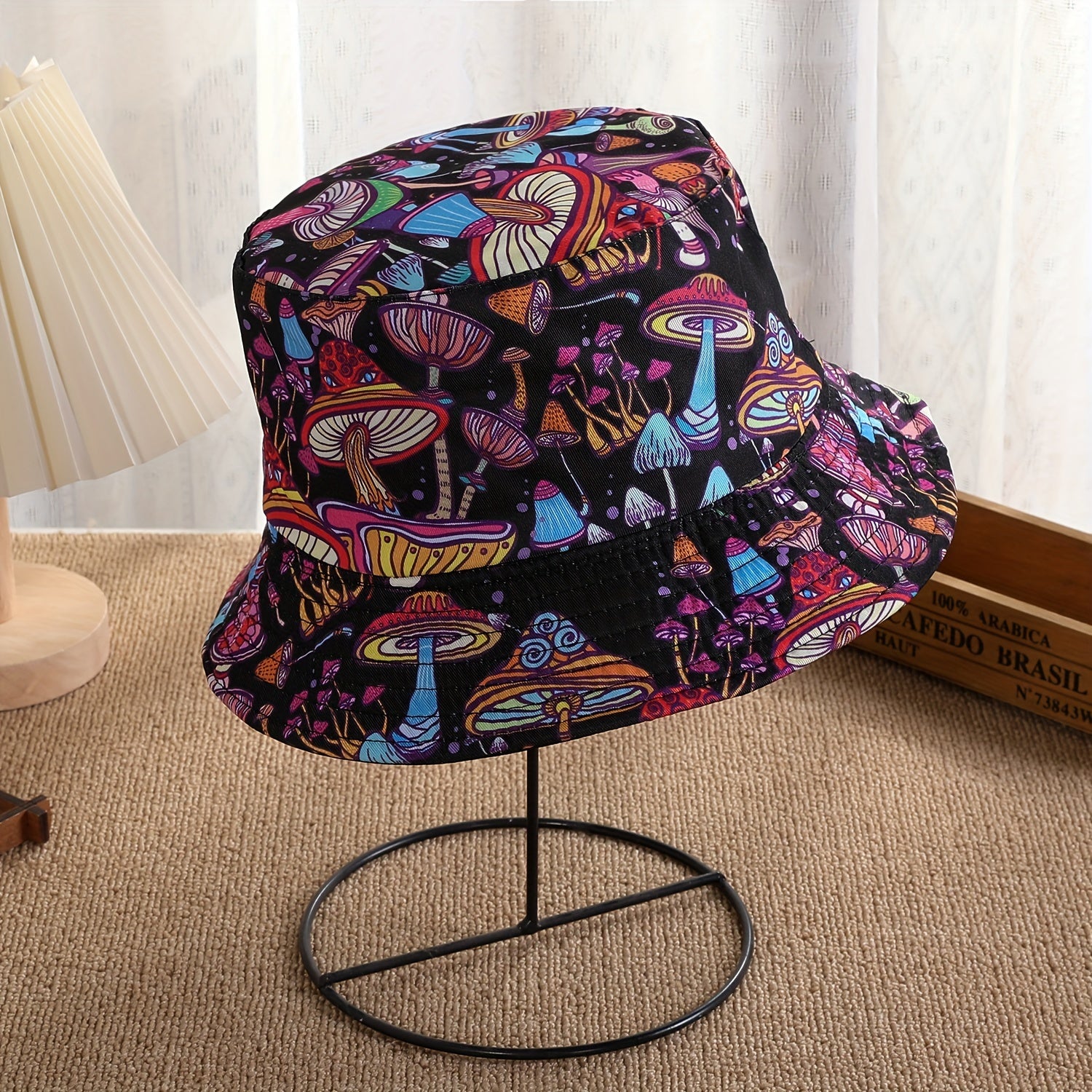 Men's Windproof Visor Mushroom Print Bucket Hat