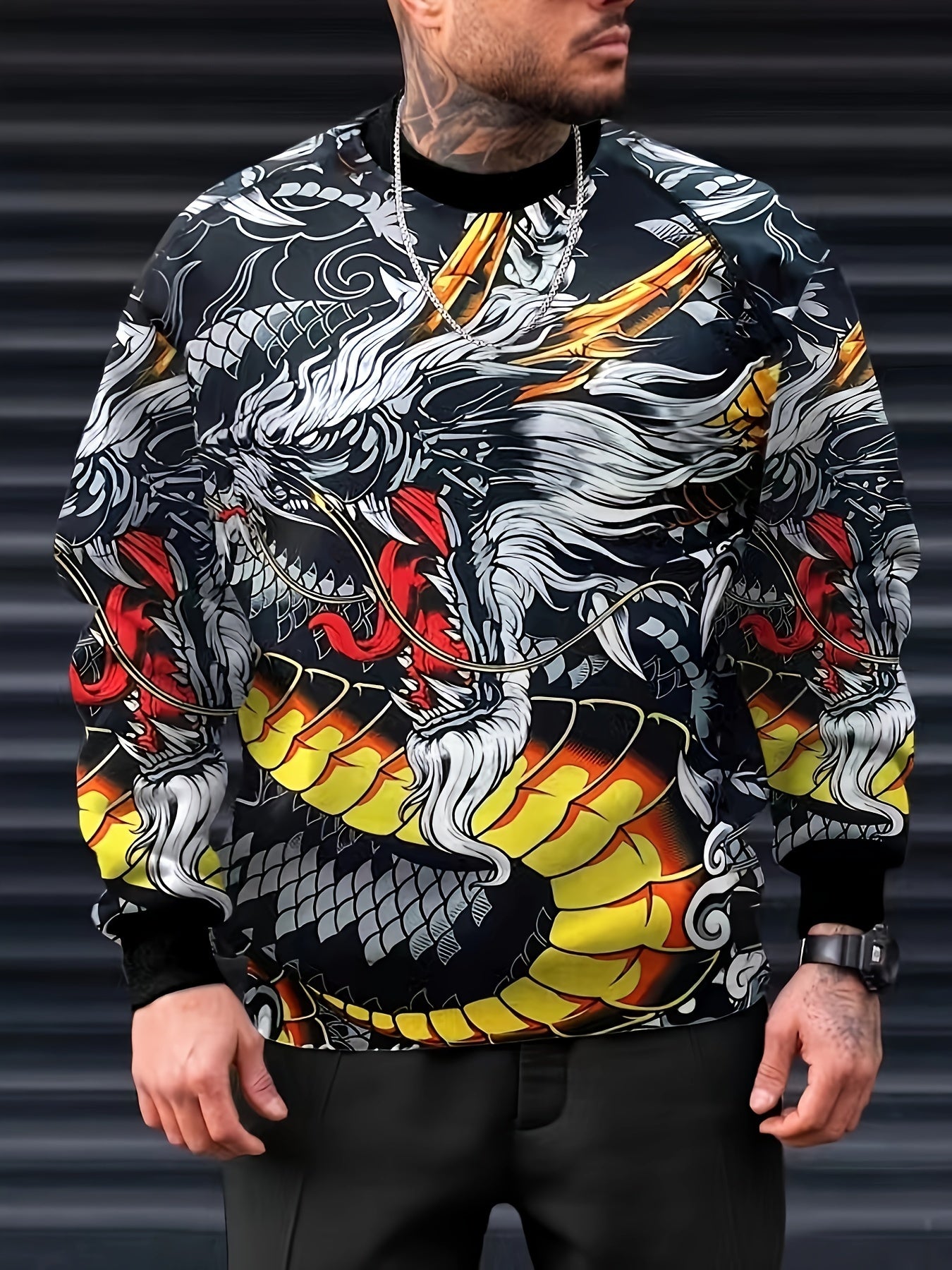 Dragon Print Crew Neck Sweatshirt Men's Casual Pullover Sweatshirt