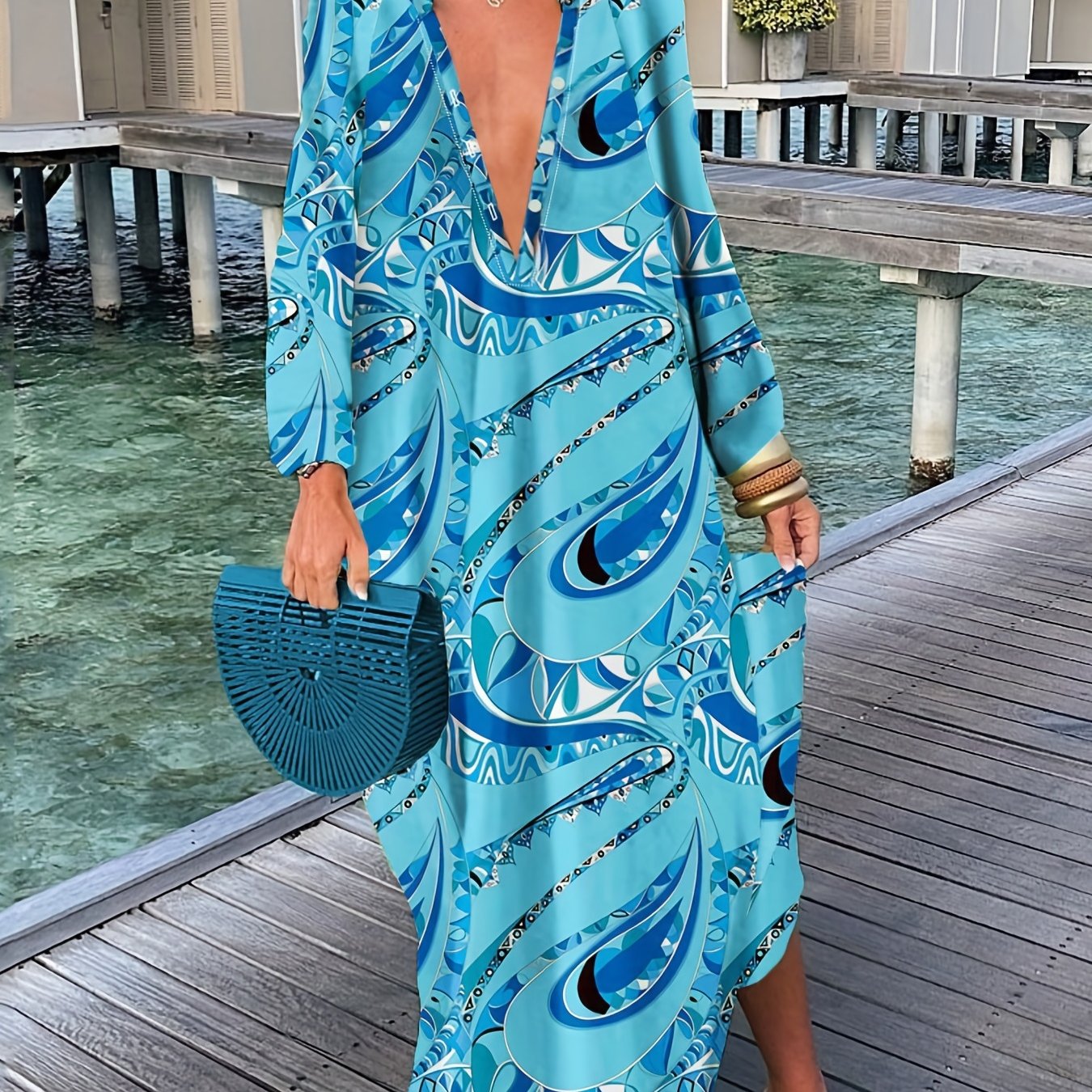 Graphic Print Long Sleeve Maxi Dress Women's Clothing