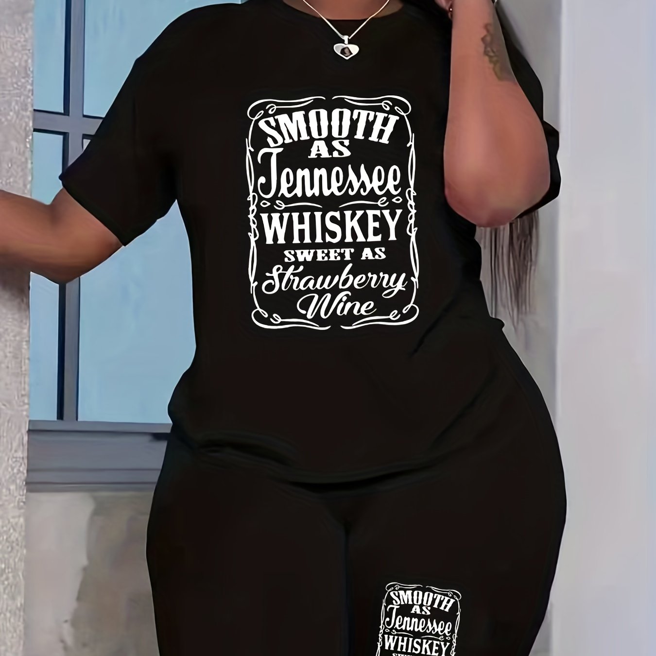 Women's Plus Size Letter Print Crew Neck Top & Shorts Set