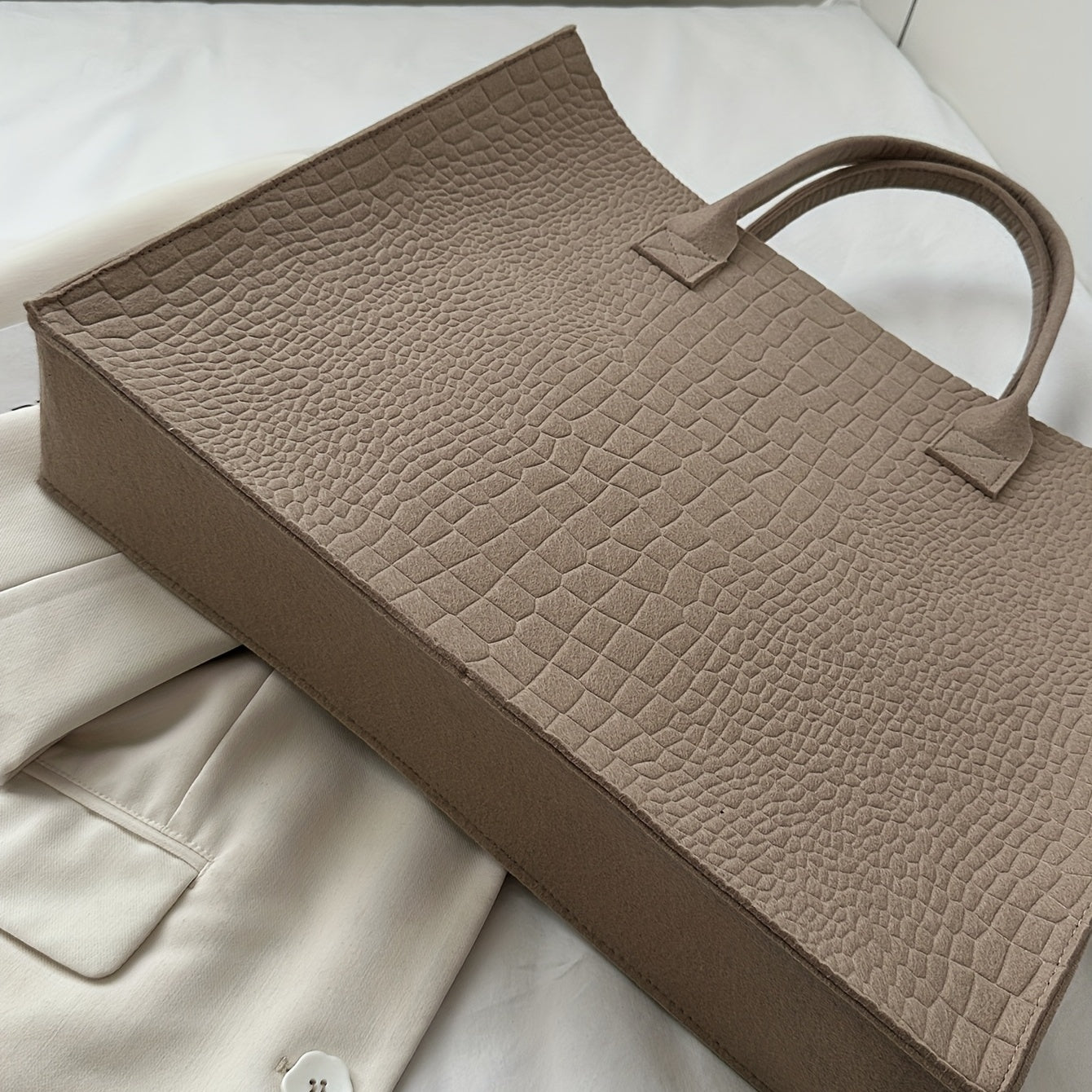 Large Capacity Felt Tote Bag Crocodile Pattern Top Handle Satchel