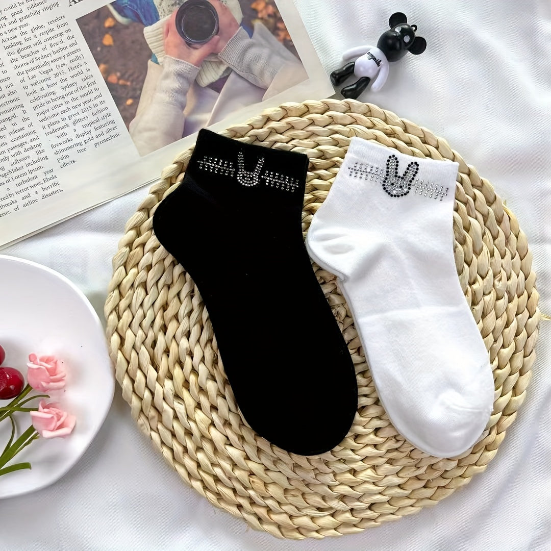Bunny Rhinestone Crew Socks - Comfy & Breathable Women's Stockings