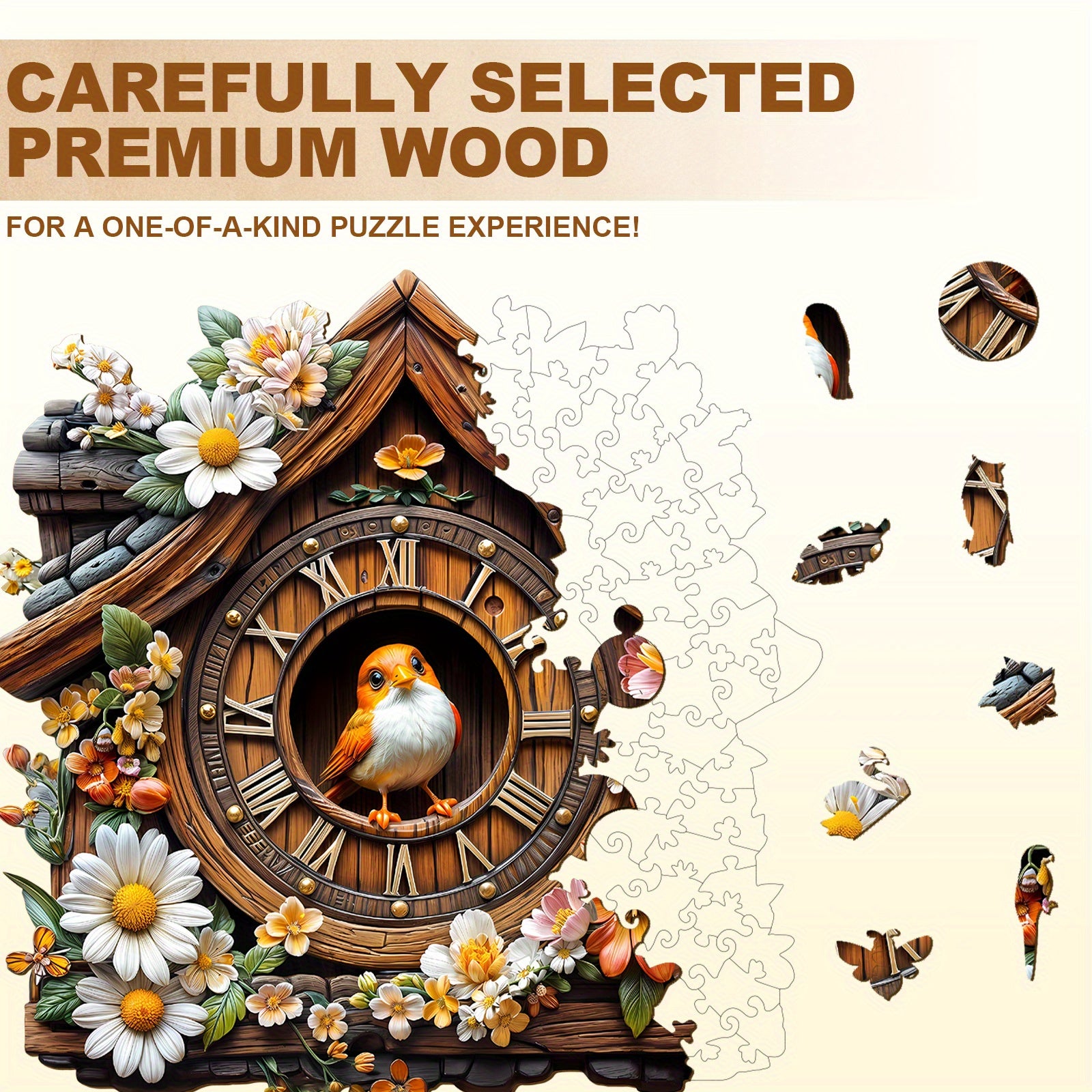 Bird Clock Wooden Puzzle Animal Shape Jigsaw Colorful Flowers & Bird Decorative