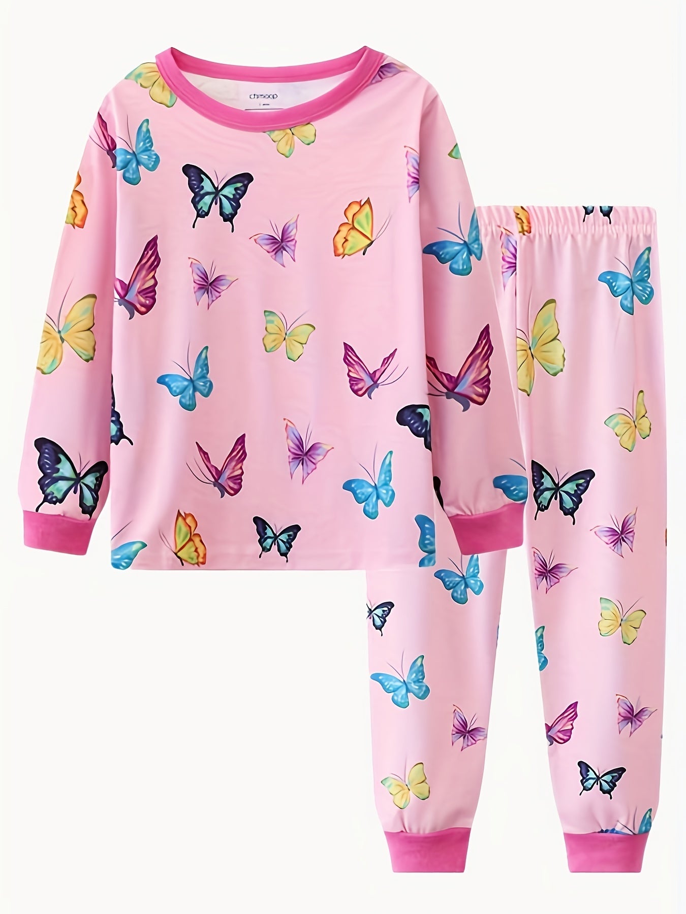Girls Butterfly Print Pajamas Set Long Sleeve Top & Pants