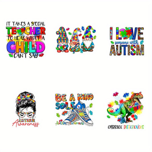 6pcs Autism Iron on Transfer DIY Stickers for Clothing & Jackets