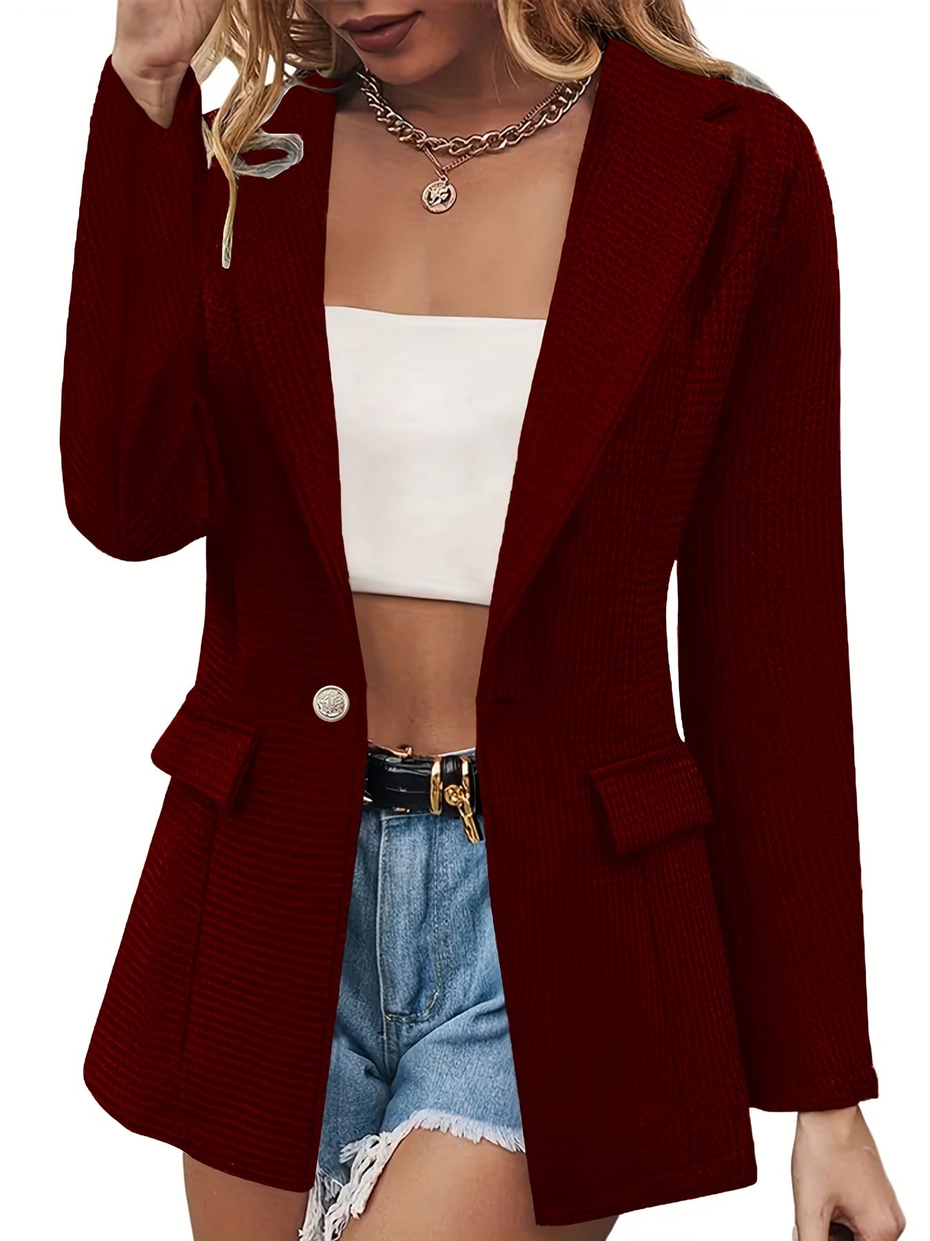 Waffle Grid Button Front Blazer Long Sleeve Women's Clothing