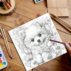 Adult Coloring Book Dog Flower Bush 20 Page Relaxing Art Stress Relief Gift