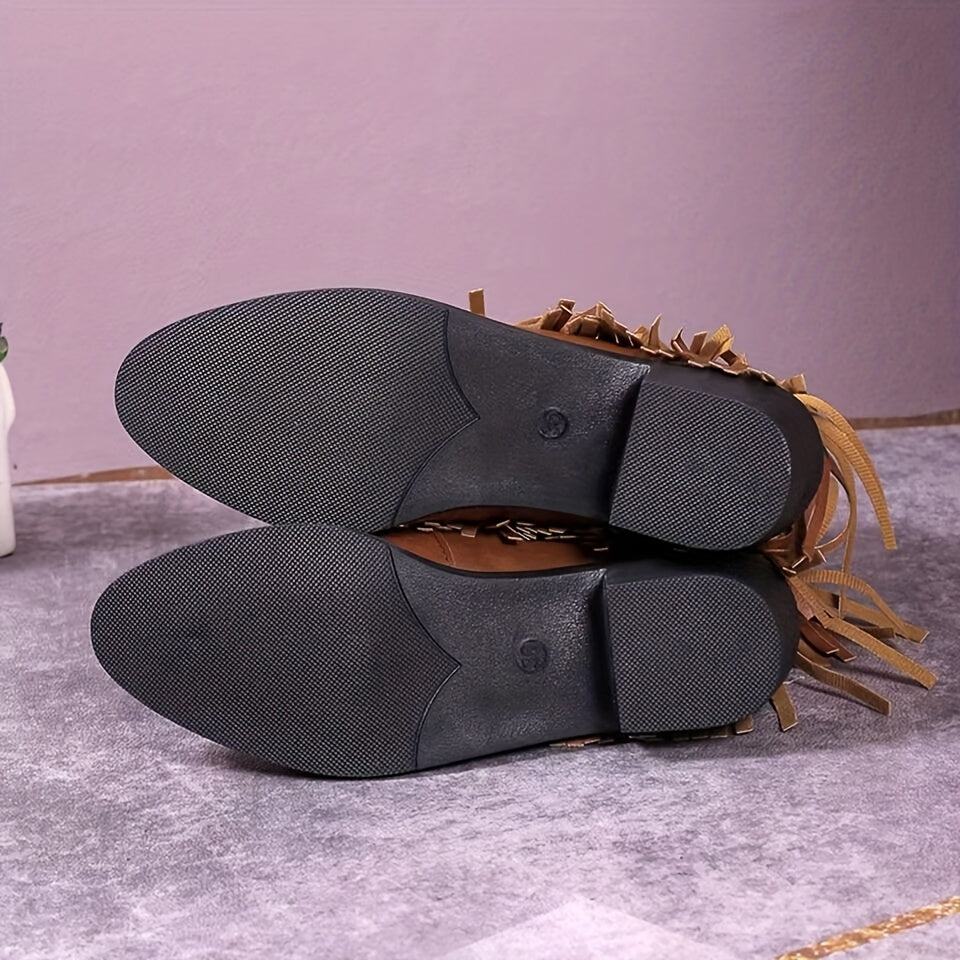 Tassel Boots Slip On Chunky Heel Ankle Boots