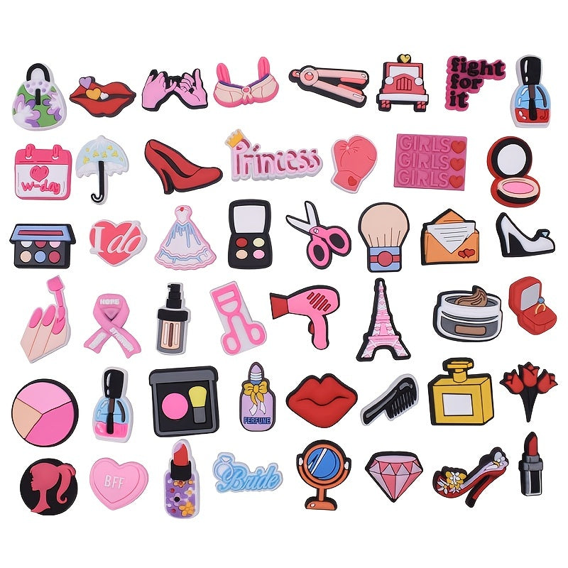 47pcs Makeup Theme Pattern Charms for Clogs PVC Bubble Slides Sandals