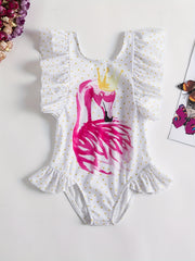 Flamingo Print Ruffled Onesie Swimsuit for Baby Girls