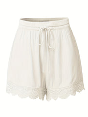 Casual Shorts Women's Plus Solid Elastic Drawstring Contrast Lace Trim