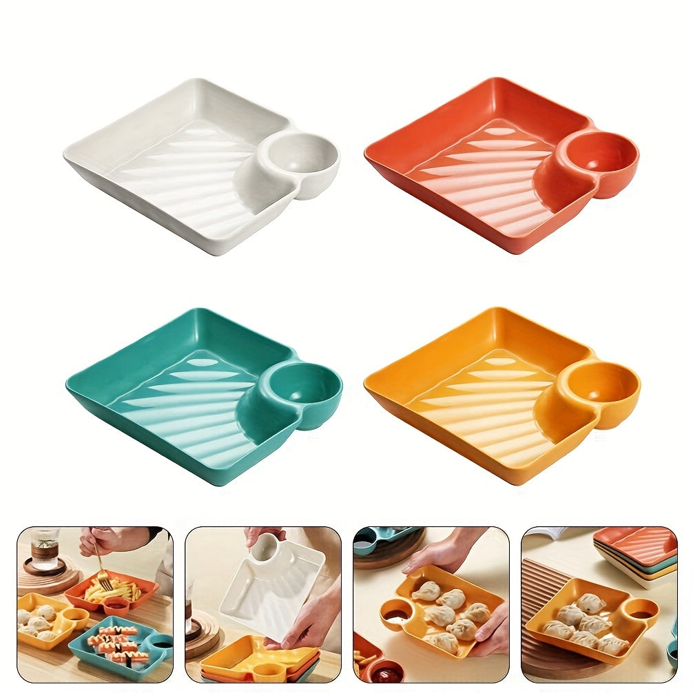 4pcs Dumpling Plates With Sauce Compartment Square Serving Plates