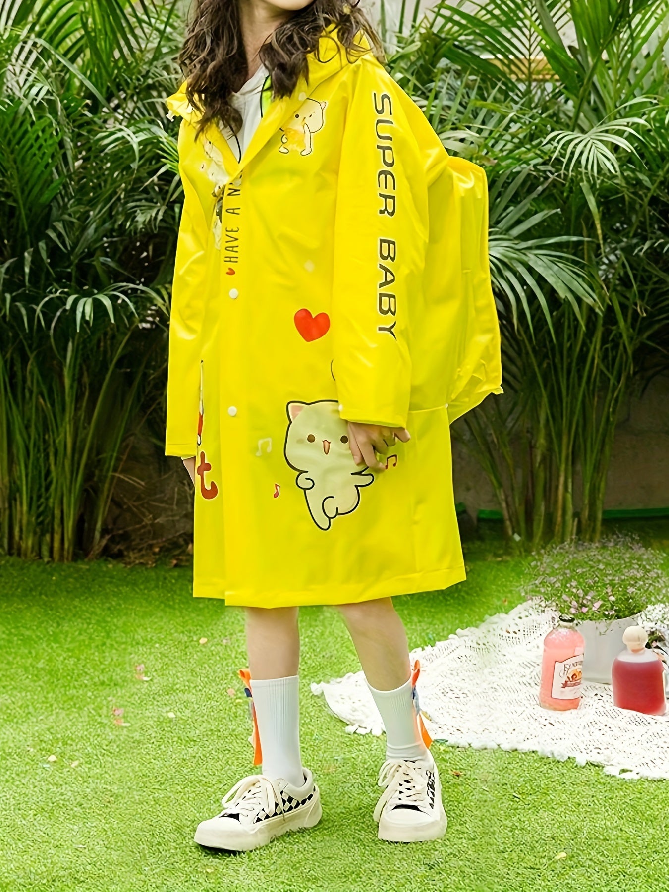 Waterproof Cat Graphic Raincoat Poncho Girls Boys School Gift