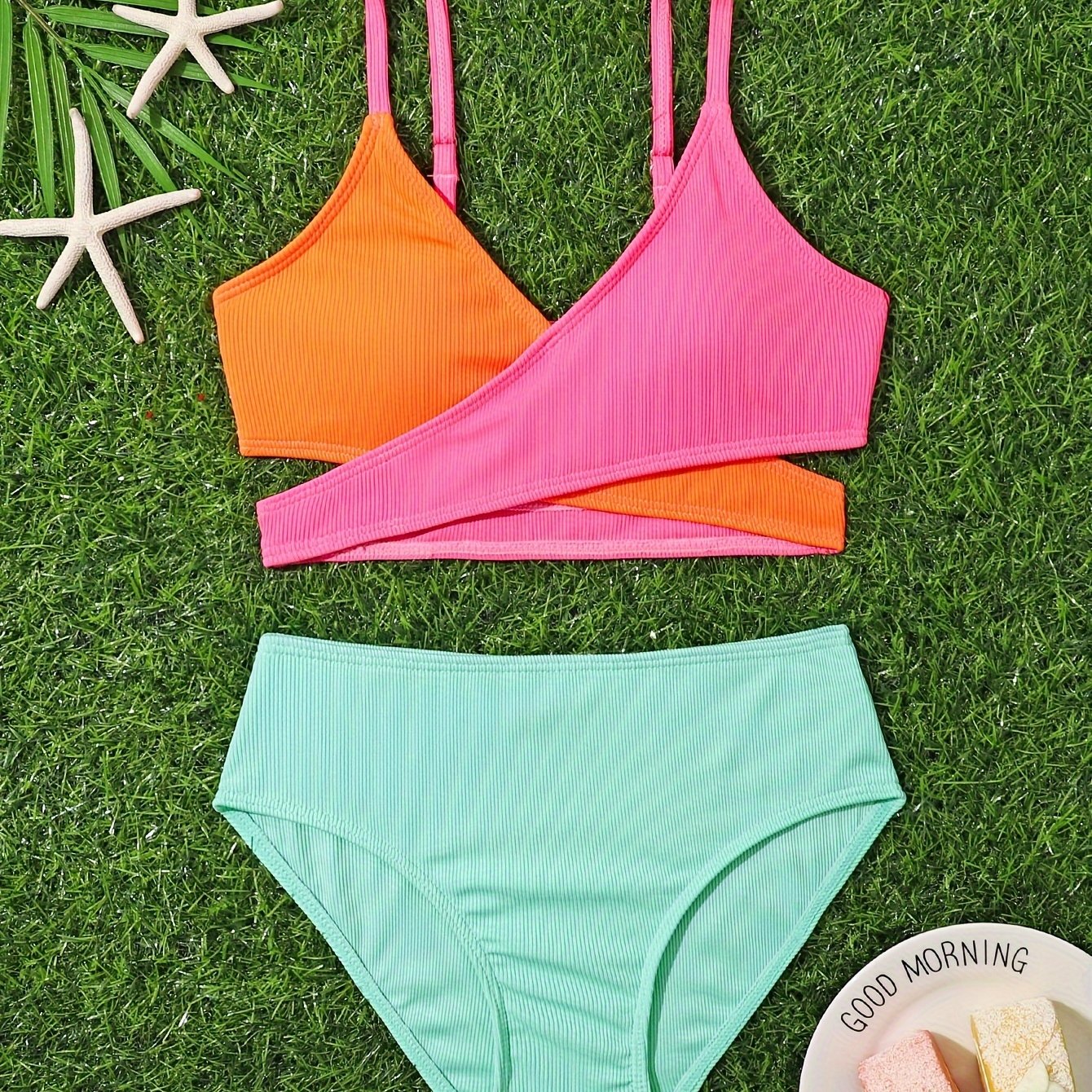 Girls Splicing Top Solid Briefs Bikini Set Beach Vacation Gift