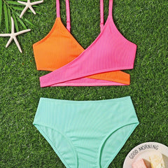 Girls Splicing Top Solid Briefs Bikini Set Beach Vacation Gift