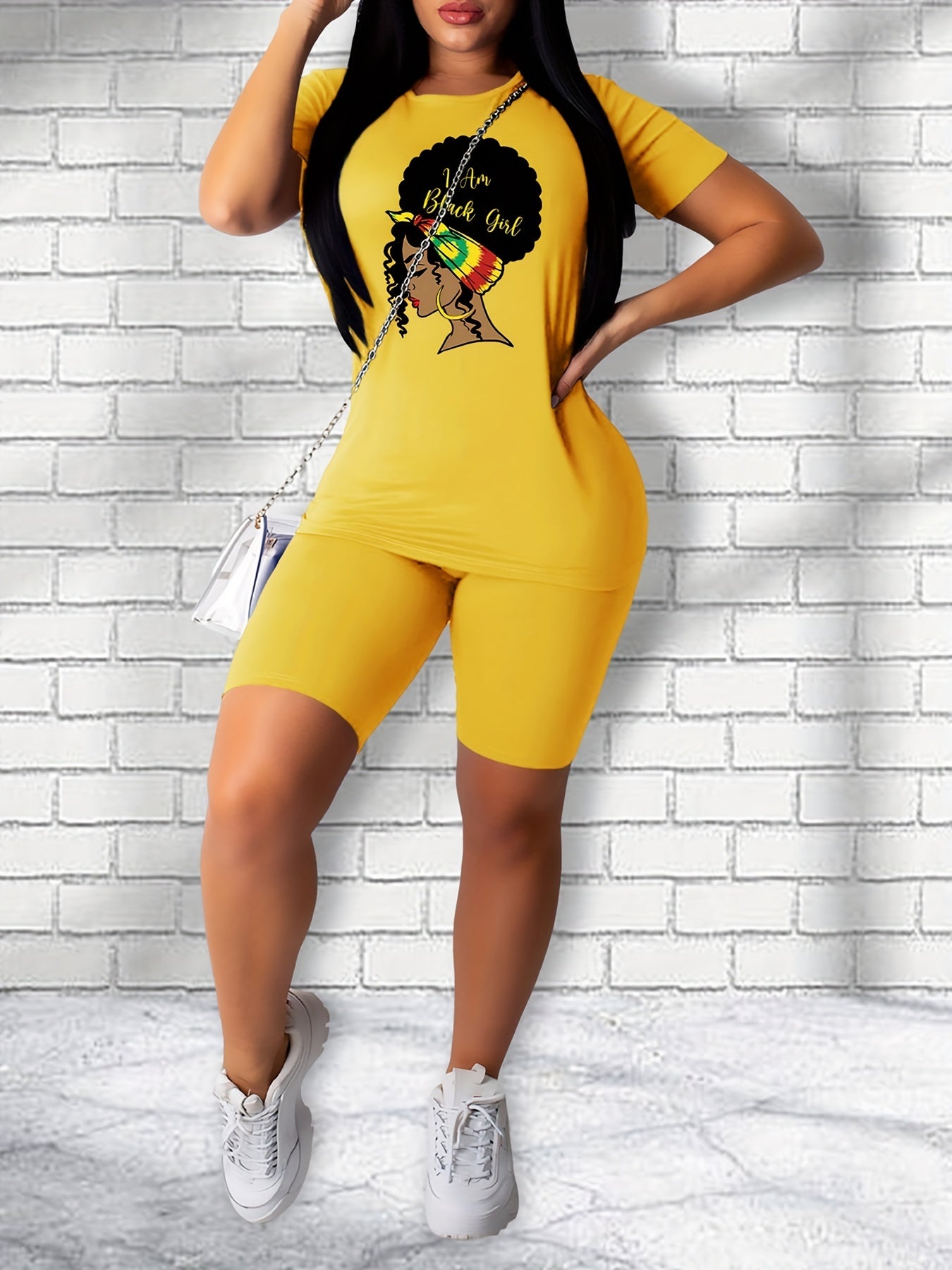 Girl Print Matching Two piece Casual Set Short Sleeve T shirt & Biker Shorts