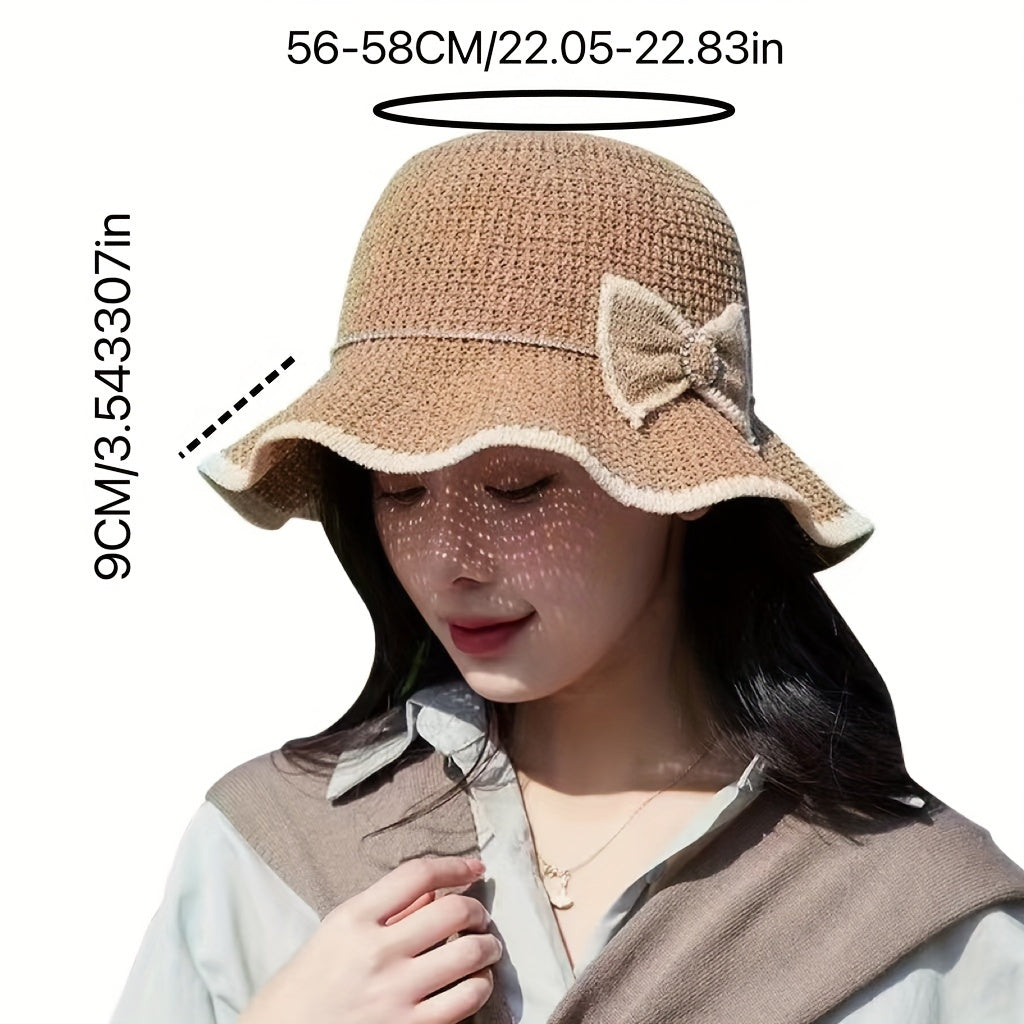 Ruffles Knit Bucket Hat with Bow Hollow Crochet Sun Hat