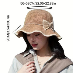 Ruffles Knit Bucket Hat with Bow Hollow Crochet Sun Hat