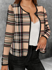 Plaid Print Crew Neck Jacket Casual Open Front Long Sleeve Outwear
