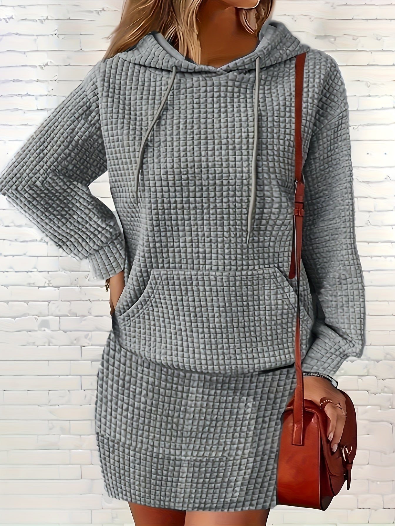 Solid Textured Hooded Sweatshirt & Mini Skirt Outfits Set