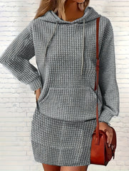 Solid Textured Hooded Sweatshirt & Mini Skirt Outfits Set