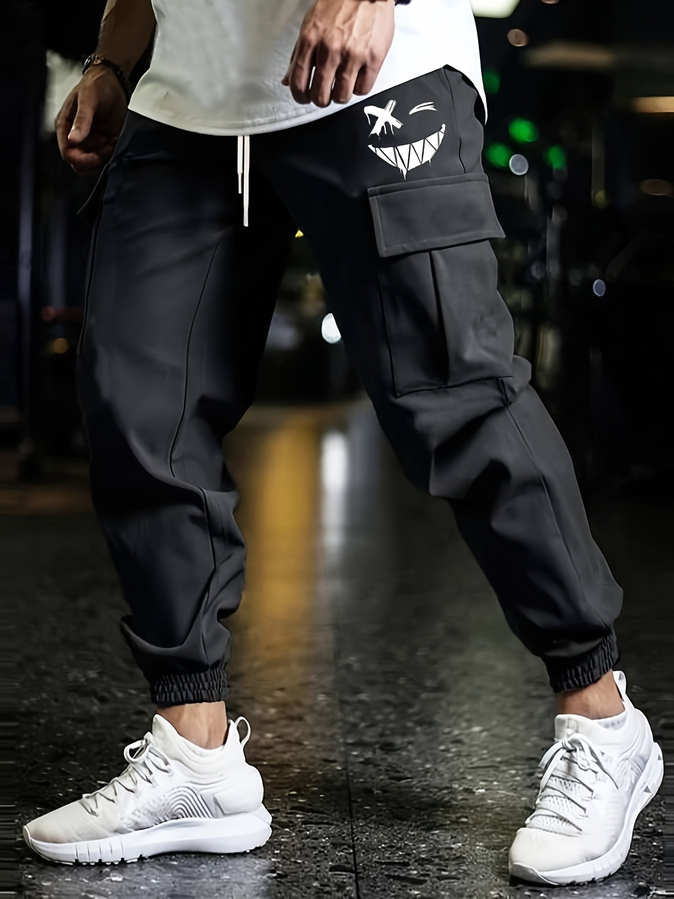 Smile Print Cargo Pants Men's Flap Pocket Trousers Loose Casual Outdoor Pants