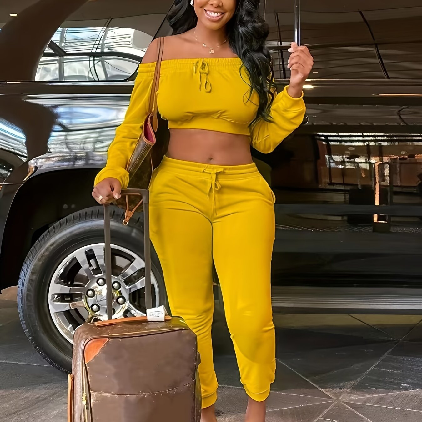 Off Shoulder Crop Top & Drawstring Pants Set