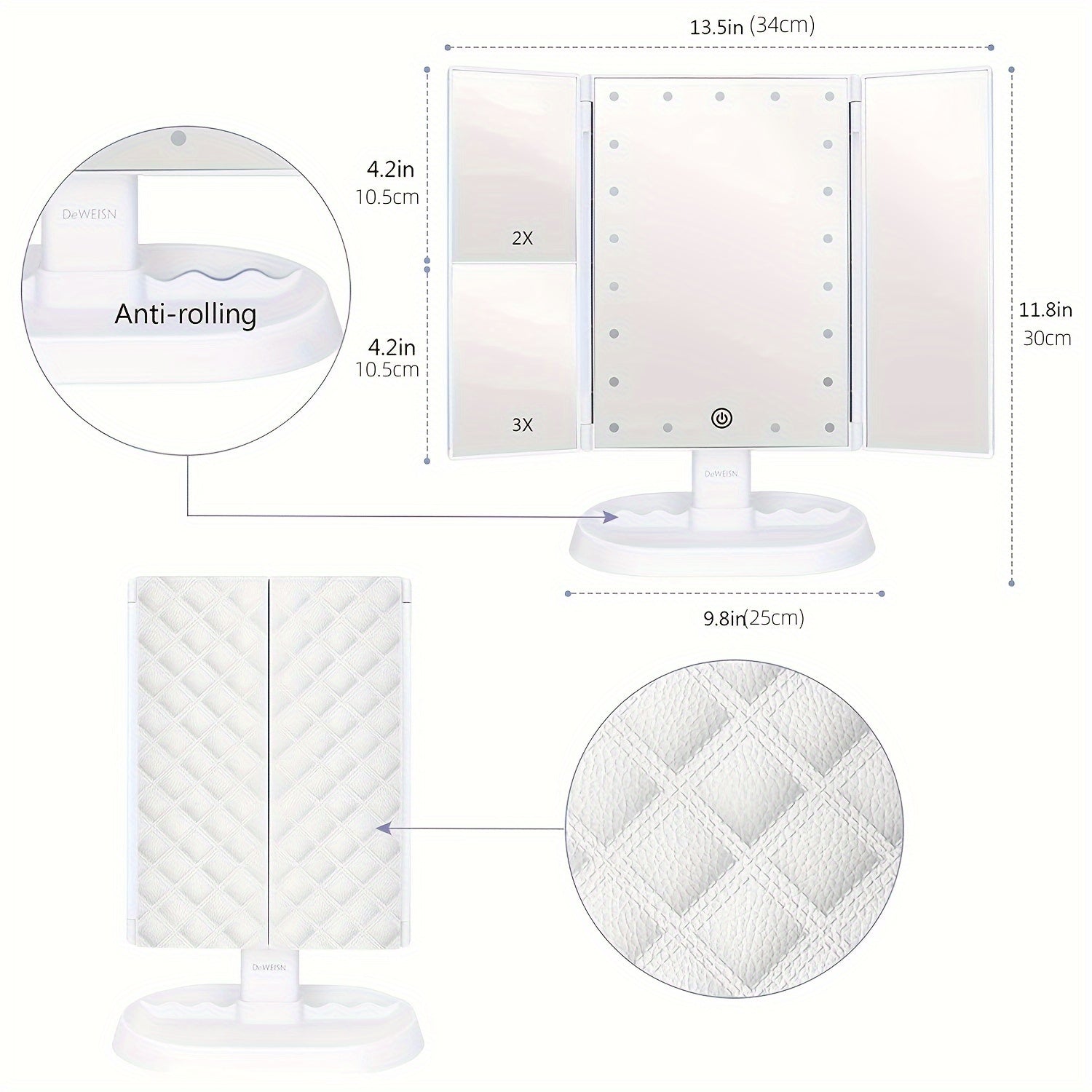 LED Trifold Vanity Makeup Mirror 3x Magnification Touch Screen Dimming