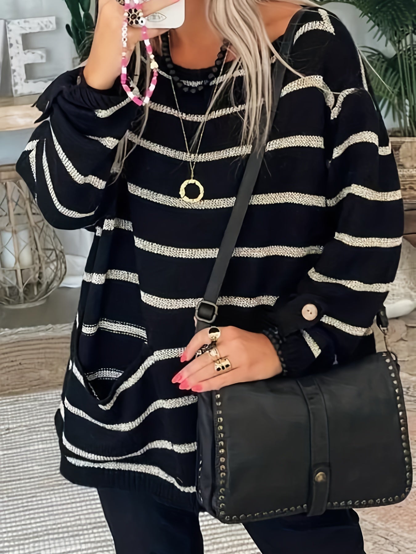 Casual Sweater Women's Plus Stripe Print Boat Neck Jumper