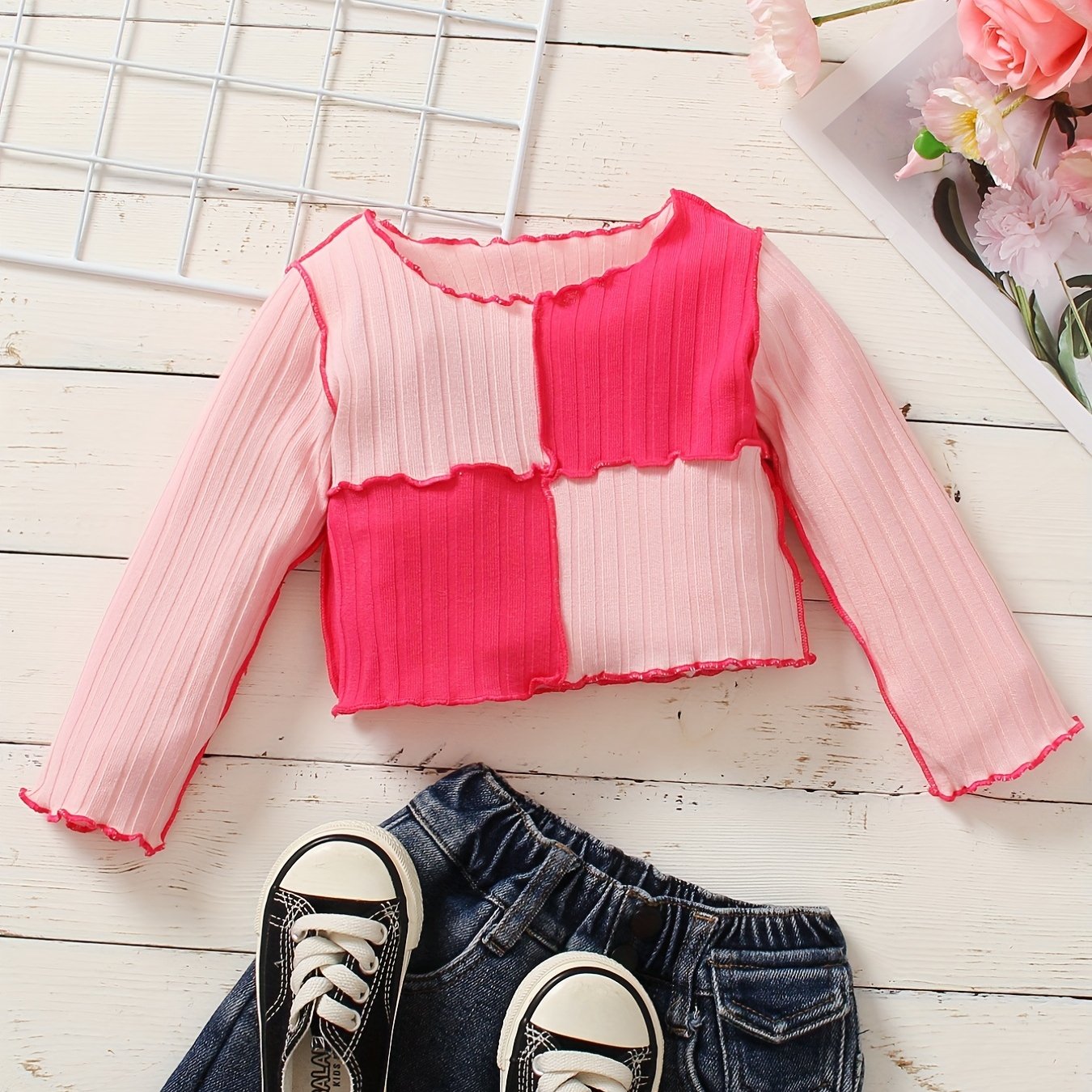 Toddler Girls Pink Gingham Sweater with Pleats Long Sleeve Knit Top